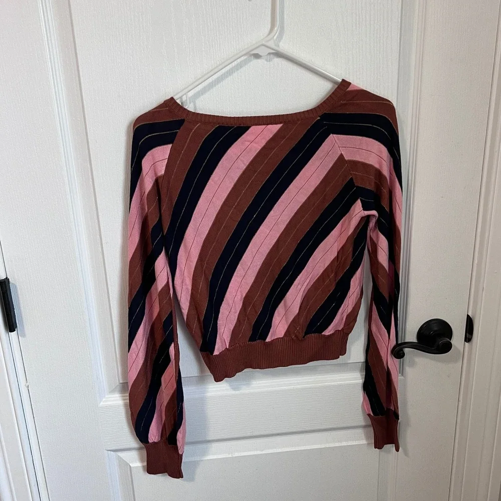Foxiedox Womens Pink Brown Striped Metallic Lurex Knit Cropped‎ Sweater Size M